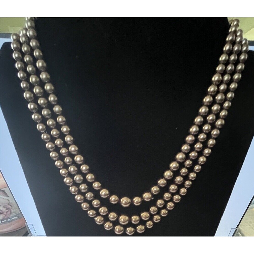 Faux Pearl Brown Bead Triple Strand Necklace Costume Jewelry 17" Long